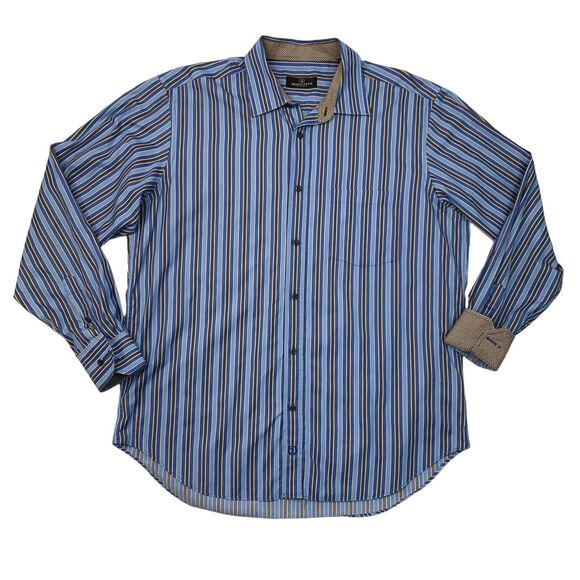 Bugatchi Uomo Shirt Mens XL Extra Large Blue Brown Flip Cuff Button Up Striped - Picture 1 of 12